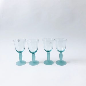 Vintage 80s Set of 4 Aqua Green Glasses | Teal Blue Drinkware | Modern Vintage Wine Glasses | Handblown Glasses