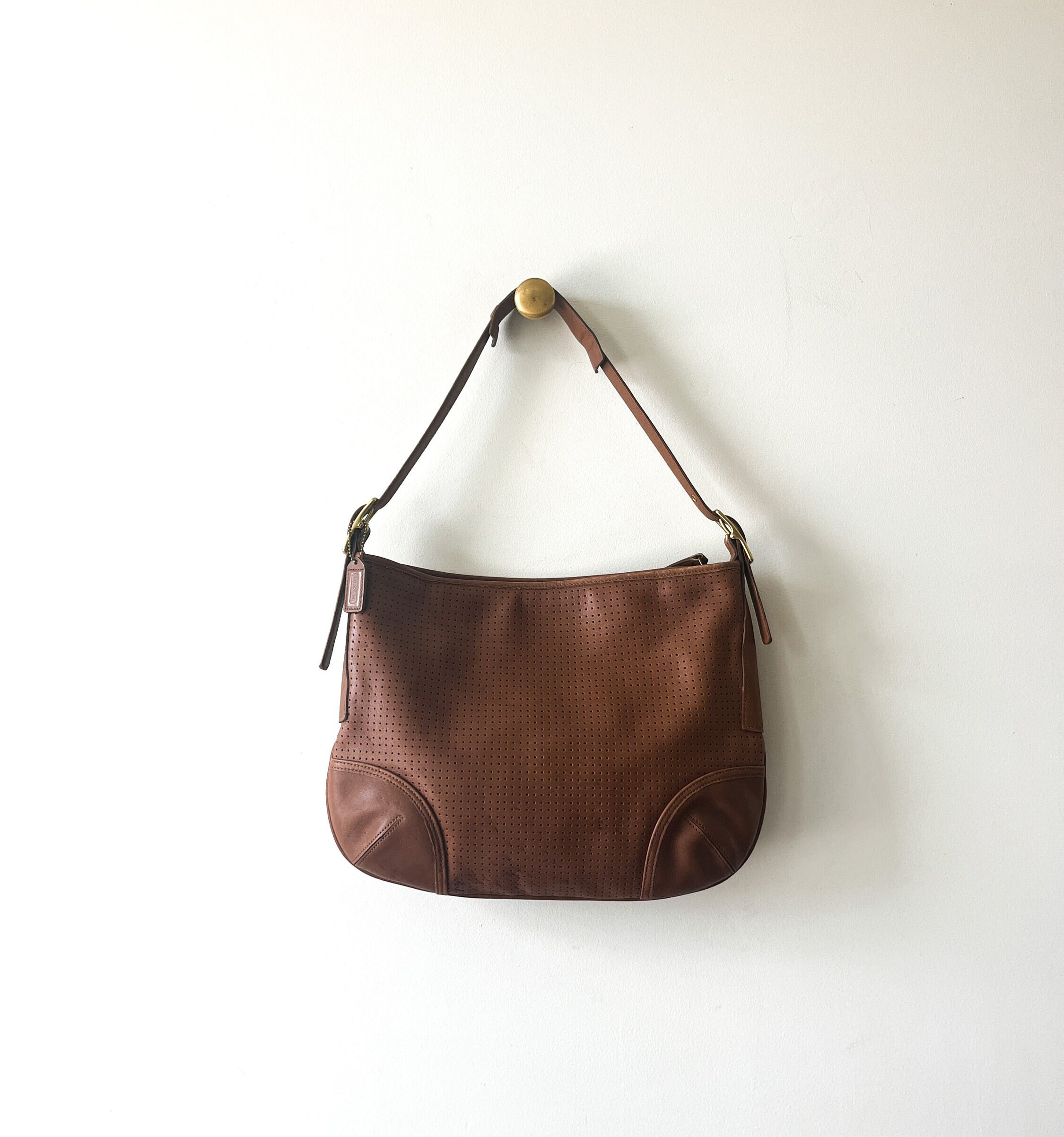 Coach Vintage Soho Pleated Brown Leather Contrast Stitch Crossbody Hobo Bag