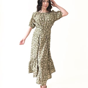 Puff Sleeve Boho Dress | Hand Block Print Long Green Maxi Dress | Vintage 70s Style Dress | Eclectic Hippy Print