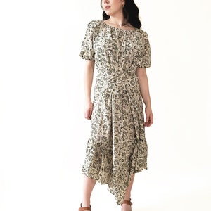 Puff Sleeve Boho Dress | Hand Block Print Long Green Maxi Dress | Vintage 70s Style Dress | Eclectic Hippy Print