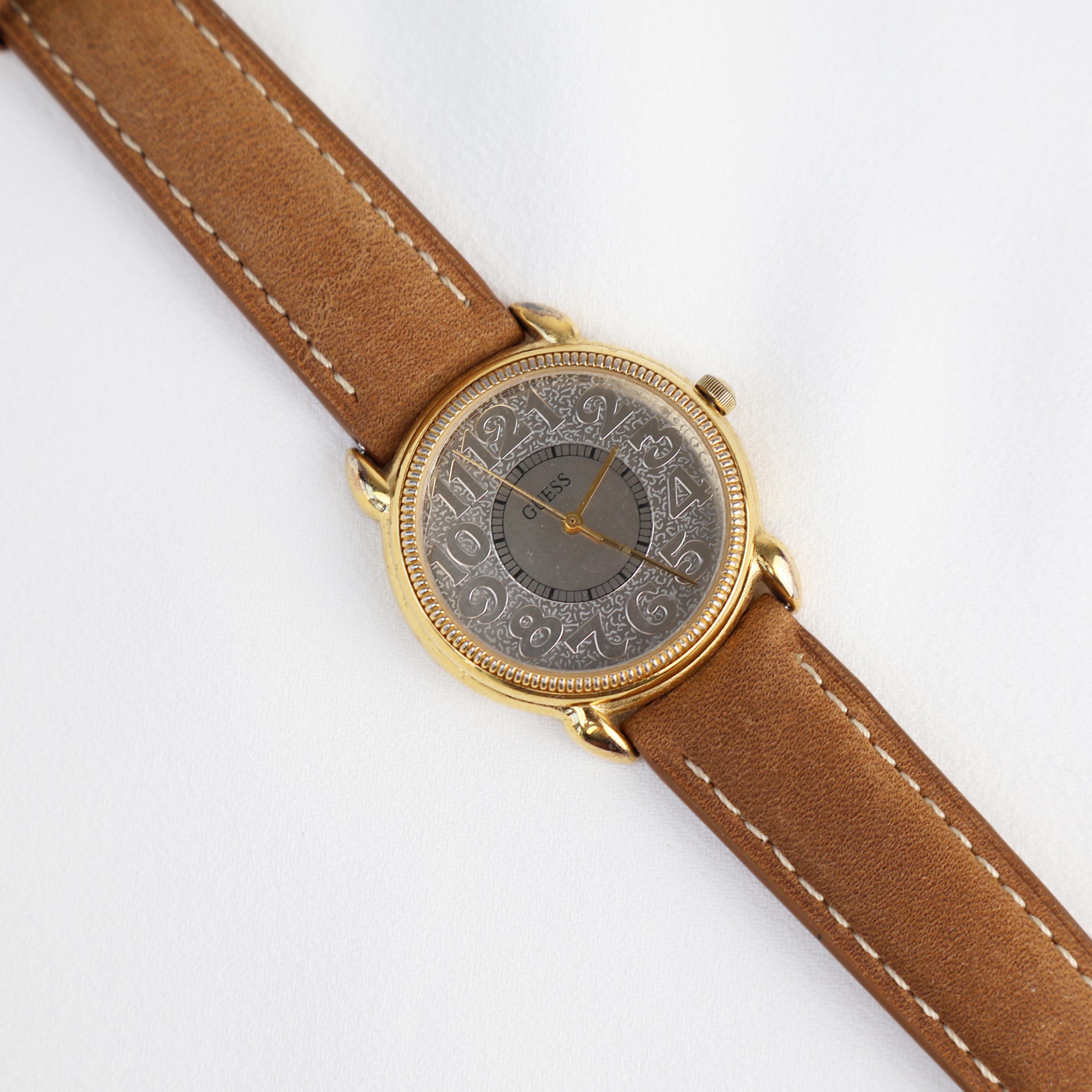 VTG Guess Mother of Pearl Dial Round Silver Tone Case Brown Leather Band Watch Vintage 1990s Guess Watch Gold Tone Case Analog Dial With  main image 2