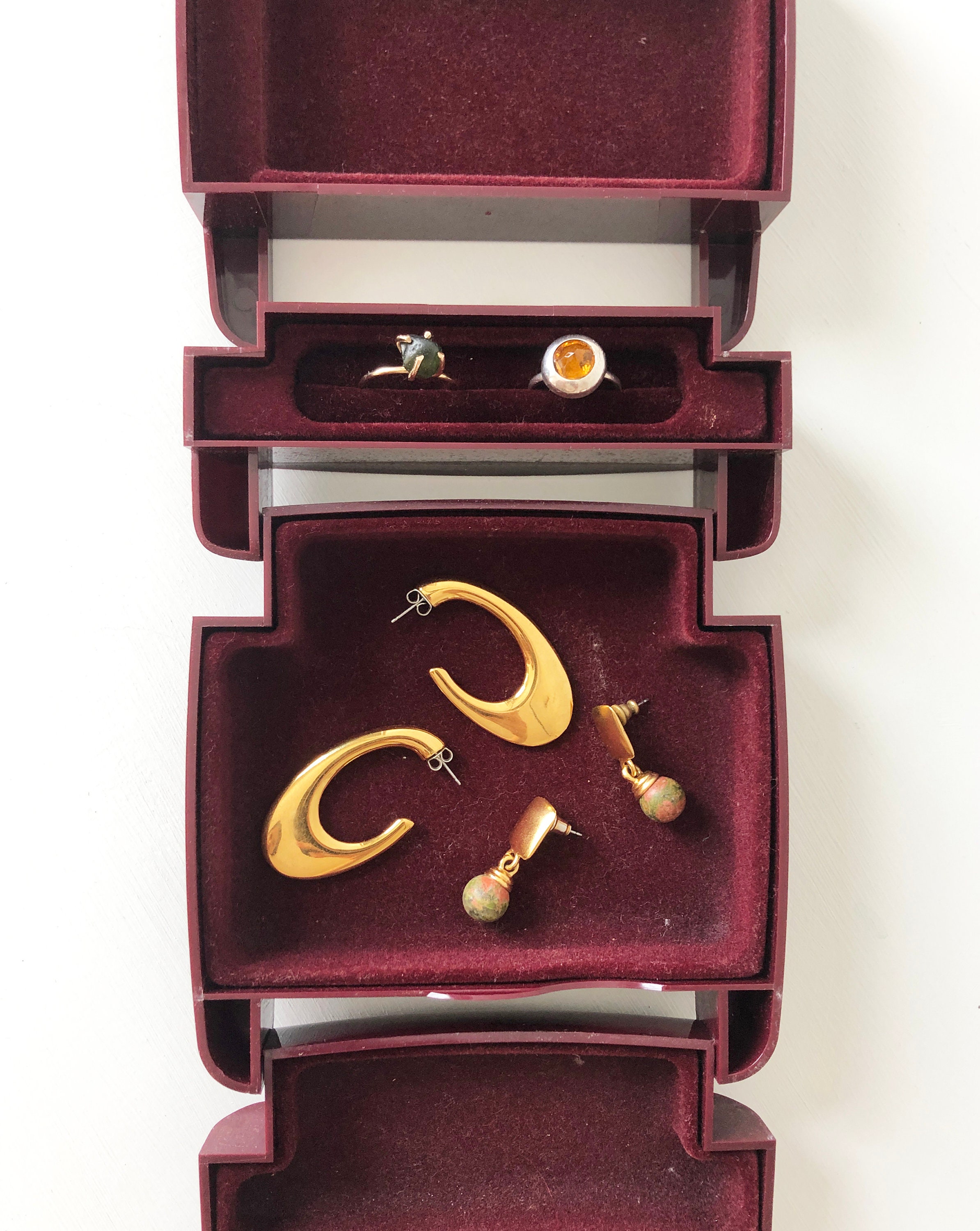 Burgundy 90s Plastic Jewelry Box Vintage Modernist Container The