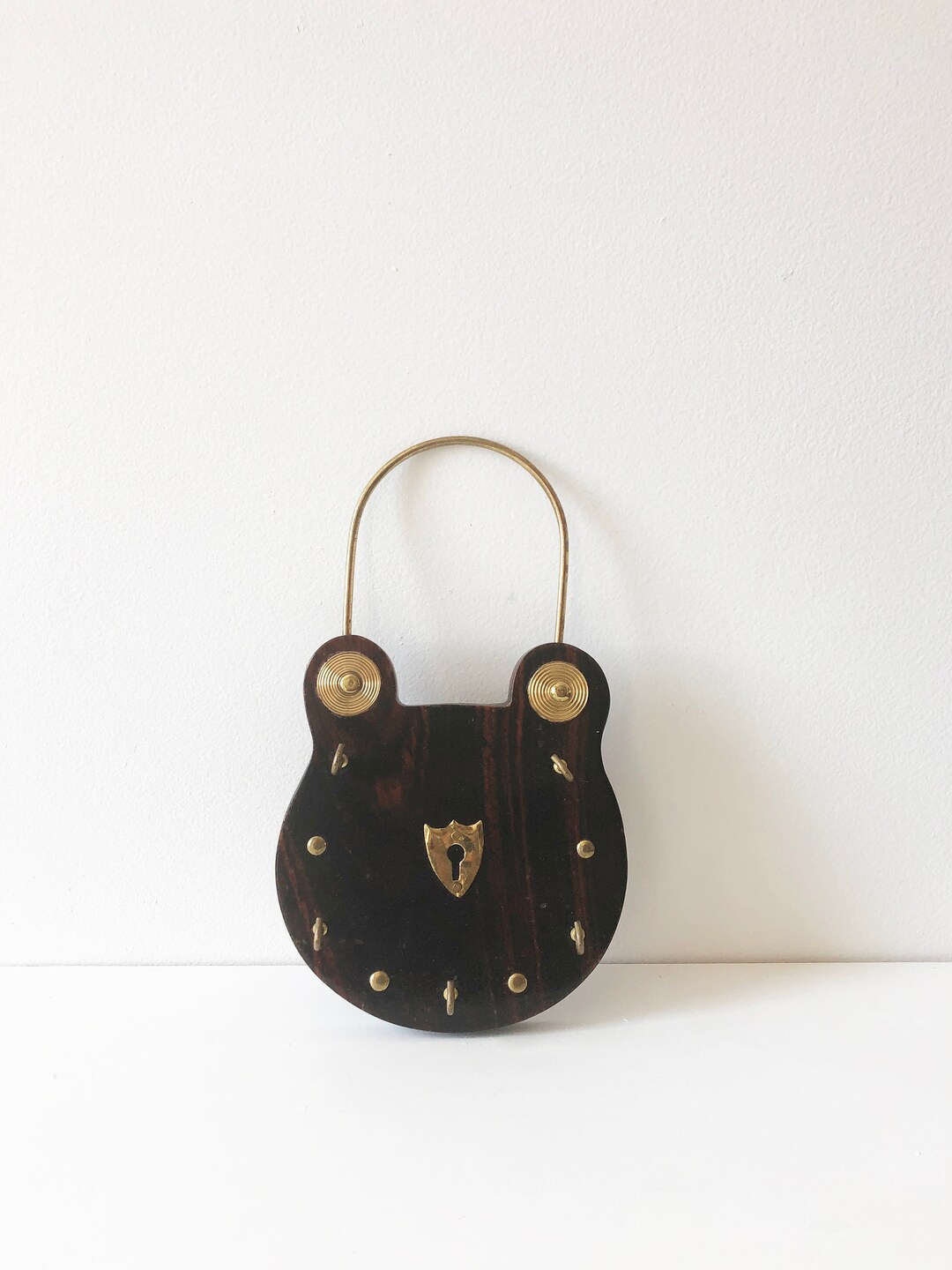 Vintage Key Hook Wood Key Hanger Lock Shape Brass Key Ring Etsy