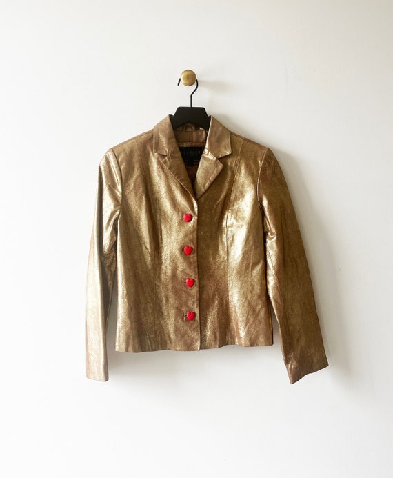 Vintage 90's Express Leather Gold Jacket Blazer w… - image 2