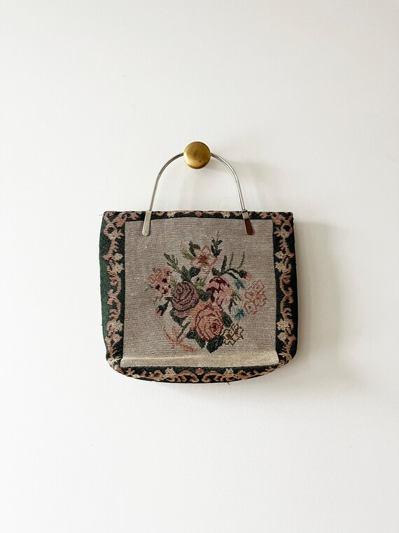 Vintage Tapestry Handbag with Silver Handle