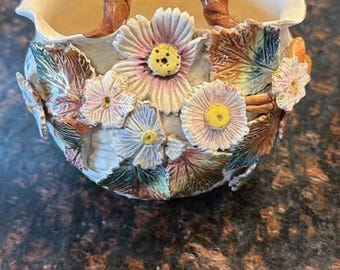 Victorian Majolica Sand Glaze Flower Basket 1891-1910s English Barbotine Applied Flowers Slipware Twisted Handle