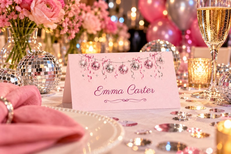 Birthday Name Tents, Disco Ball Garland Place Cards, Disco Birthday Dinner Table Decor, Custom Printable Digital File image 1