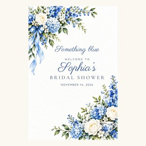 Custom Bridal Shower Welcome Sign, Something Blue Floral Sign, Blue Ribbon Bridal Shower Decor, Printable 24x36 Digital File image 2