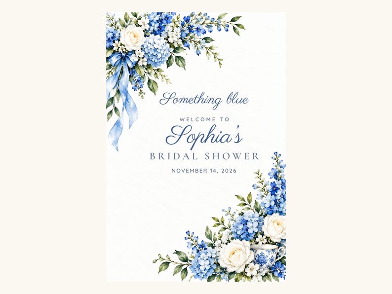 Custom Bridal Shower Welcome Sign, Something Blue Floral Sign, Blue Ribbon Bridal Shower Decor, Printable 24x36 Digital File image 2