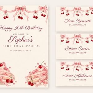 Birthday Welcome Sign and Name Tents Set, Happy 30th Birthday, Cherry and Bow Birthday Decor, Custom Printable Digital Files image 1