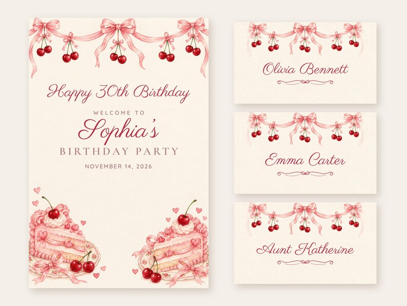 Birthday Welcome Sign and Name Tents Set, Happy 30th Birthday, Cherry and Bow Birthday Decor, Custom Printable Digital Files image 1