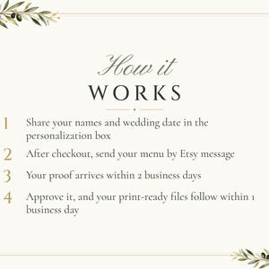 Menú personalizado para cena de boda, tarjeta de menú para recepción con diseño de rama de olivo, menú con diseño de hoja de olivo para cada comensal, archivo digital imprimible de 4x9 pulgadas. imagen 4
