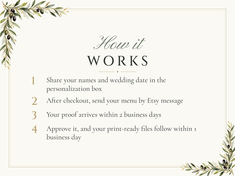 Menú personalizado para cena de boda, tarjeta de menú para recepción con diseño de rama de olivo, menú con diseño de hoja de olivo para cada comensal, archivo digital imprimible de 4x9 pulgadas. imagen 4