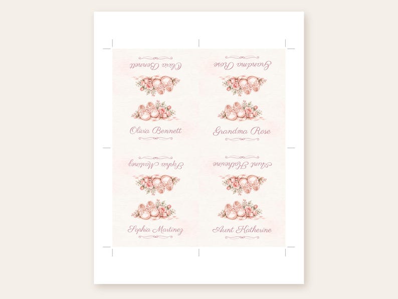 May include: A sheet of four printable labels featuring a soft pink watercolor background, illustrations of baby shoes and roses, and the names Olivia Bennett, Grandma Rose, Sophia Martinez, and Aunt Katherine in elegant script typography.