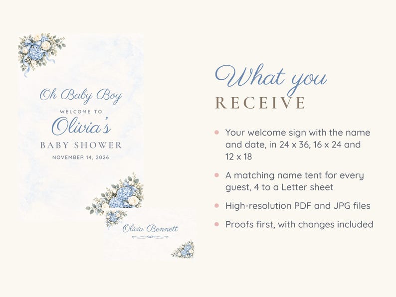 May include: A baby shower welcome sign and name tent set featuring blue hydrangea and white rose floral accents. The sign reads Oh Baby Boy Welcome to Olivia's Baby Shower November 14, 2026. Text lists sizes 24 x 36, 16 x 24, and 12 x 18 inches.