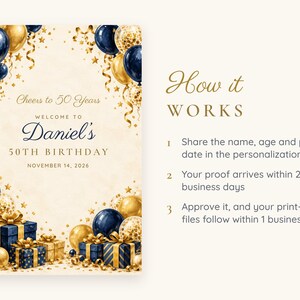 Custom Birthday Welcome Sign, Cheers to 50 Years Sign, Navy and Gold Balloon Birthday Decor, Printable 24x36 Digital File image 4