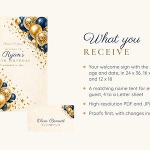 Birthday Welcome Sign and Name Tents Set, Cheers to 40 Years, Navy and Gold Balloons Birthday Decor, Custom Printable Digital Files image 5
