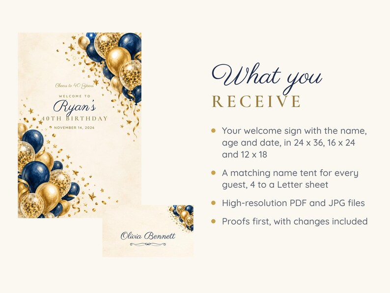 Birthday Welcome Sign and Name Tents Set, Cheers to 40 Years, Navy and Gold Balloons Birthday Decor, Custom Printable Digital Files image 5