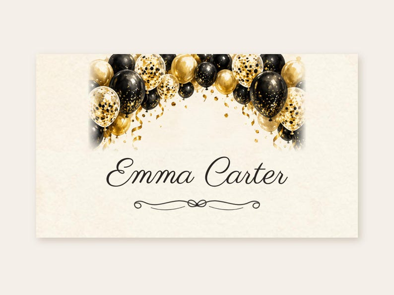 Birthday Name Tents, Black and Gold Balloon Arch Place Cards, Cheers Birthday Dinner Table Decor, Custom Printable Digital File image 2