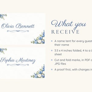 Bridal Shower Name Tents, Something Blue Floral Place Cards, Blue Floral Corner Luncheon Table Decor, Custom Printable Digital File image 5