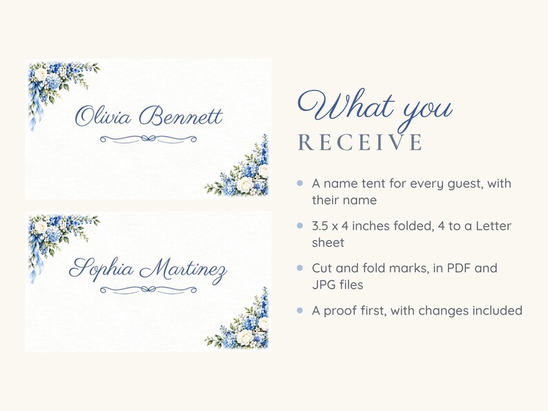 Bridal Shower Name Tents, Something Blue Floral Place Cards, Blue Floral Corner Luncheon Table Decor, Custom Printable Digital File image 5