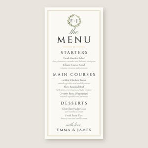 Custom Wedding Dinner Menu, Monogram Reception Menu Card, Wreath Place Setting Menu, Printable 4x9 Digital File image 2