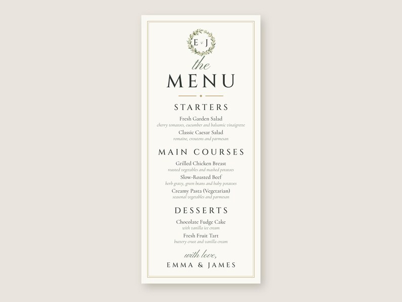 Custom Wedding Dinner Menu, Monogram Reception Menu Card, Wreath Place Setting Menu, Printable 4x9 Digital File image 2