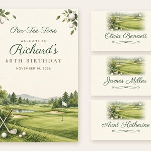 Birthday Welcome Sign and Name Tents Set, Par-Tee Time, Golf Birthday Decor, Custom Printable Digital Files