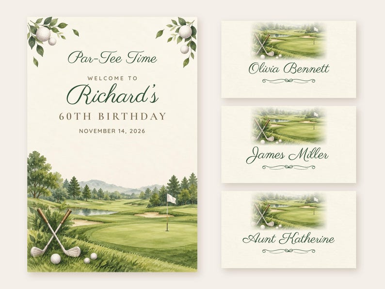 Birthday Welcome Sign and Name Tents Set, Par-Tee Time, Golf Birthday Decor, Custom Printable Digital Files image 1