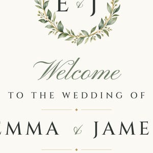 Custom Wedding Welcome Sign, Monogram Welcome Sign with Names and Date, Wreath Wedding Sign, Printable 24x36 Digital File image 3