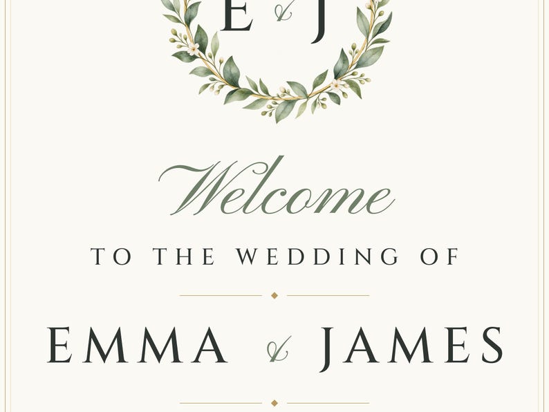 Custom Wedding Welcome Sign, Monogram Welcome Sign with Names and Date, Wreath Wedding Sign, Printable 24x36 Digital File image 3