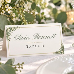 Custom Wedding Name Tents, Greenery Place Cards with Table Numbers, Eucalyptus Escort Cards, Printable Digital File image 1