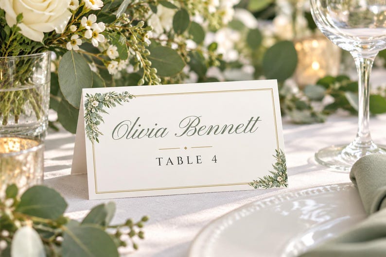 Custom Wedding Name Tents, Greenery Place Cards with Table Numbers, Eucalyptus Escort Cards, Printable Digital File image 1