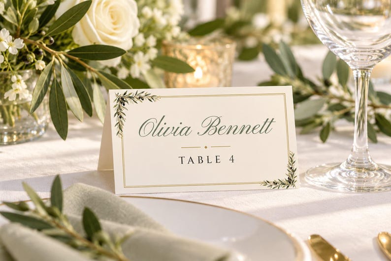 Custom Wedding Name Tents, Olive Branch Place Cards with Table Numbers, Olive Leaf Escort Cards, Printable Digital File bild 1