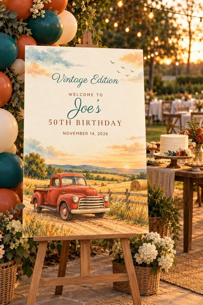Birthday Welcome Sign and Name Tents Set, Vintage Edition, Vintage Truck Birthday Decor, Custom Printable Digital Files image 2