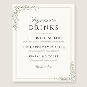 Panneau personnalisé pour boissons signature, panneau de bar de mariage avec illustration botanique, menu de cocktails minimaliste, fichier numérique imprimable 8x10 image 2