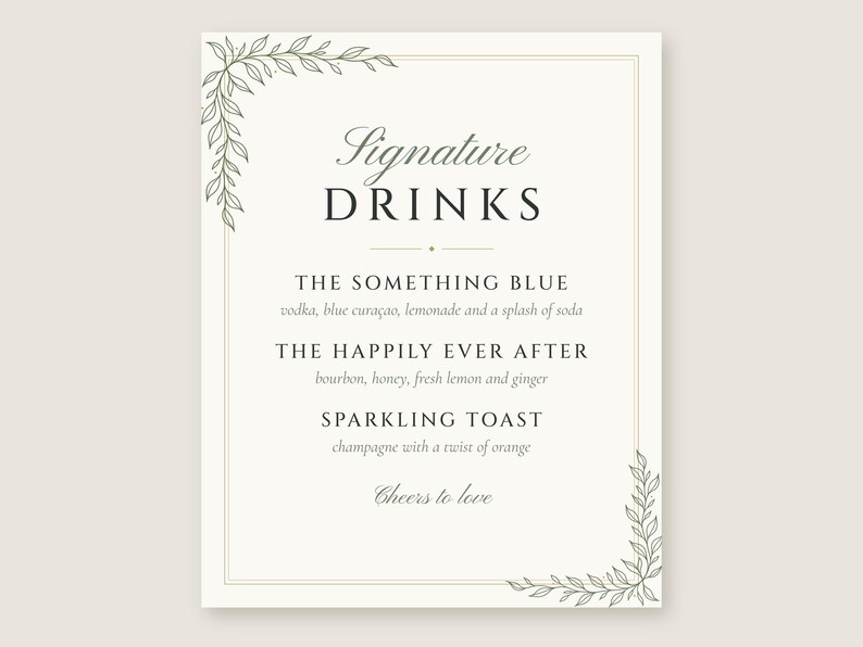 Panneau personnalisé pour boissons signature, panneau de bar de mariage avec illustration botanique, menu de cocktails minimaliste, fichier numérique imprimable 8x10 image 2