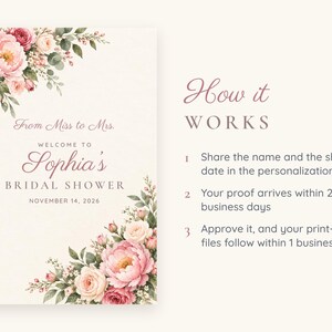Op de afbeelding: Een welkomstbord voor een bruidsdouche met roze en cr&egrave;mekleurige pioenrozen en groen blad in de hoeken. De tekst luidt: From Miss to Mrs. WELCOME TO Sophia's BRIDAL SHOWER NOVEMBER 14, 2026. Rechts staan instructies: How it WORKS, 1. Share the name and the shower date in the personalization box, 2. Your proof arrives within 2 business days, 3. Approve it, and your print-ready files follow within 1 business day.