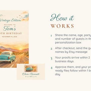 Birthday Welcome Sign and Name Tents Set, Vintage Edition, Retro Car Birthday Decor, Custom Printable Digital Files image 4
