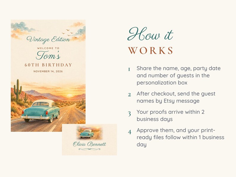 Birthday Welcome Sign and Name Tents Set, Vintage Edition, Retro Car Birthday Decor, Custom Printable Digital Files image 4