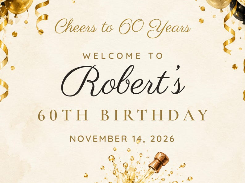 Letrero de bienvenida de cumpleaños personalizado, Letrero ¡Brindemos por 60 años!, Arco de globos negro y dorado para decoración de cumpleaños, Archivo digital imprimible de 24x36 imagen 3