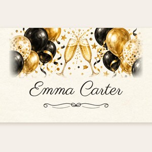 Tarjetas de cumpleaños con nombres, tarjetas de lugar con globos negros y dorados, decoración de mesa para cena de cumpleaños con el tema "¡Salud!", archivo digital imprimible personalizado. imagen 2