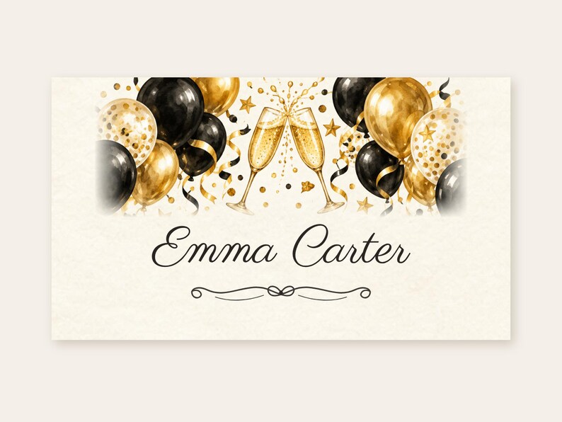 Tarjetas de cumpleaños con nombres, tarjetas de lugar con globos negros y dorados, decoración de mesa para cena de cumpleaños con el tema "¡Salud!", archivo digital imprimible personalizado. imagen 2