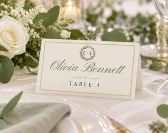 Custom Wedding Name Tents, Monogram Place Cards with Table Numbers, Wreath Escort Cards, Printable Digital File