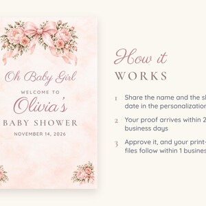 Może przedstawiać: Jasnor&oacute;żowe zaproszenie na baby shower z dużym akwarelowym kokardą i bukietem kwiat&oacute;w u g&oacute;ry oraz mniejszymi akcentami kwiatowymi w dolnych rogach. Tekst brzmi: Oh Baby Girl WELCOME TO Olivia's BABY SHOWER NOVEMBER 14, 2026.