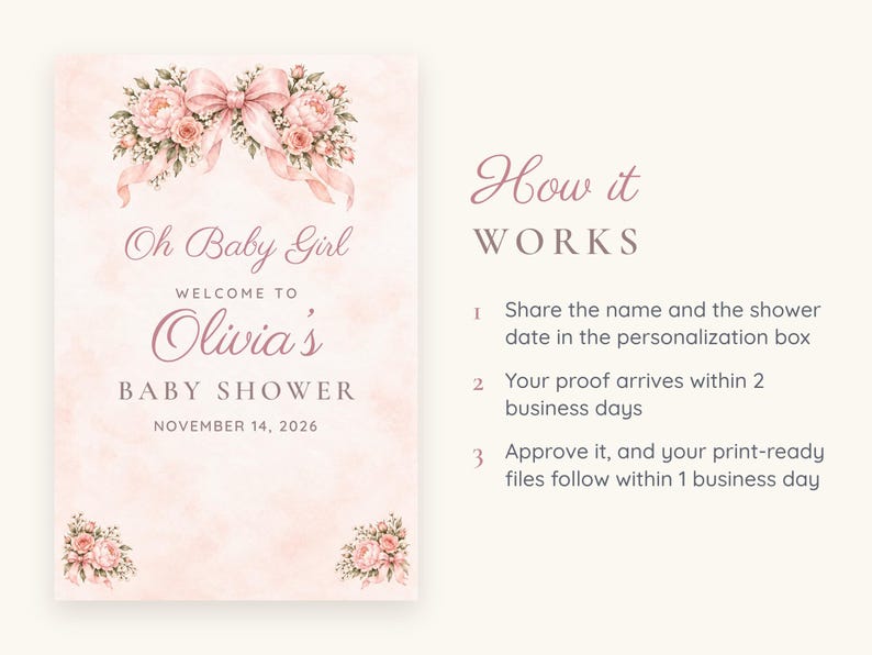Może przedstawiać: Jasnor&oacute;żowe zaproszenie na baby shower z dużym akwarelowym kokardą i bukietem kwiat&oacute;w u g&oacute;ry oraz mniejszymi akcentami kwiatowymi w dolnych rogach. Tekst brzmi: Oh Baby Girl WELCOME TO Olivia's BABY SHOWER NOVEMBER 14, 2026.