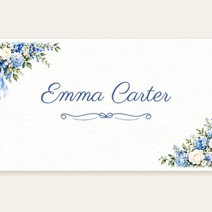 Bridal Shower Name Tents, Something Blue Floral Place Cards, Blue Floral Corner Luncheon Table Decor, Custom Printable Digital File image 2