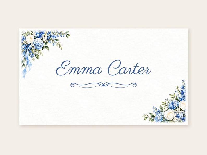 Bridal Shower Name Tents, Something Blue Floral Place Cards, Blue Floral Corner Luncheon Table Decor, Custom Printable Digital File image 2