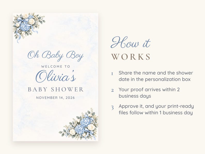 Custom Baby Shower Welcome Sign, Oh Baby Boy Blue Bow Sign, Floral Corner Baby Boy Shower Decor, Printable 24x36 Digital File image 4