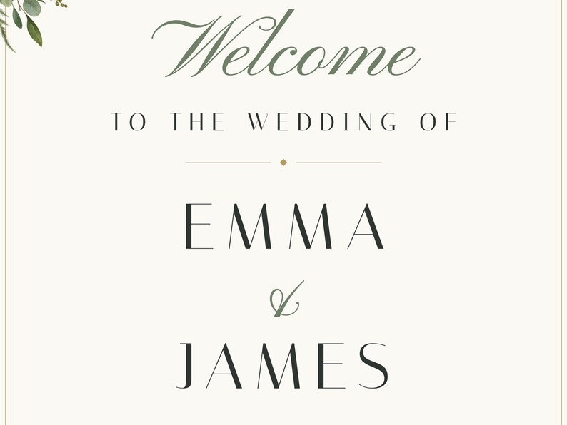 Custom Wedding Welcome Sign, Greenery Welcome Sign with Names and Date, Eucalyptus Wedding Sign, Printable 24x36 Digital File image 3